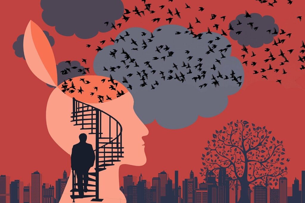 Imagen que representa el proceso de la psicoterapia, mostrando la liberación de los pensamientos y la entrada  hacia la profundidad de uno mismo.