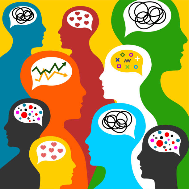 personas de muchos colores con un dibujo en el cerebro diferente. Algunos tienen corazones, otros círculos, otros gráficas, etc.