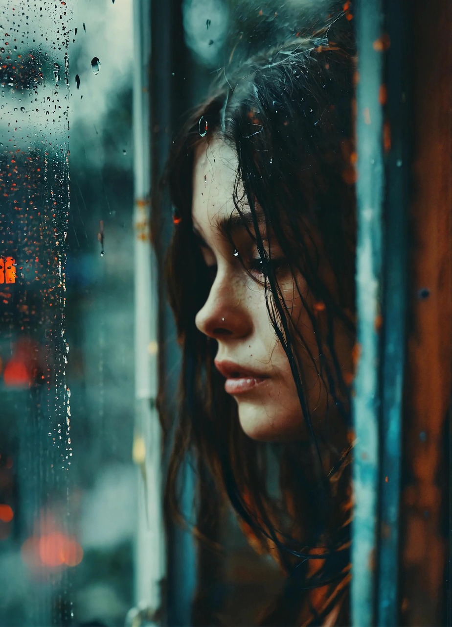 Mujer triste, con la mirada hacia abajo, que mira tras un cristal mojado por la lluvia.